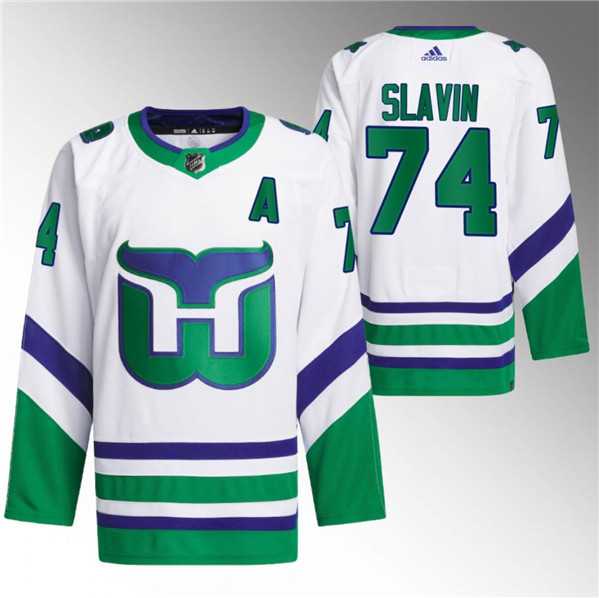 Mens Carolina Hurricanes #74 Jaccob Slavin White 2023-24 Stitched Jersey Dzhi
